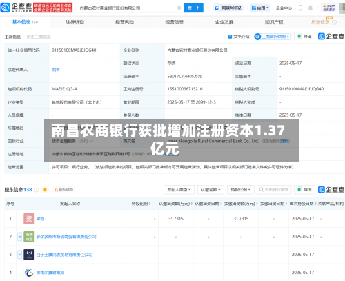 南昌农商银行获批增加注册资本1.37亿元