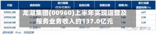 龙湖集团(00960)上半年实现运营及服务业务收入约137.0亿元