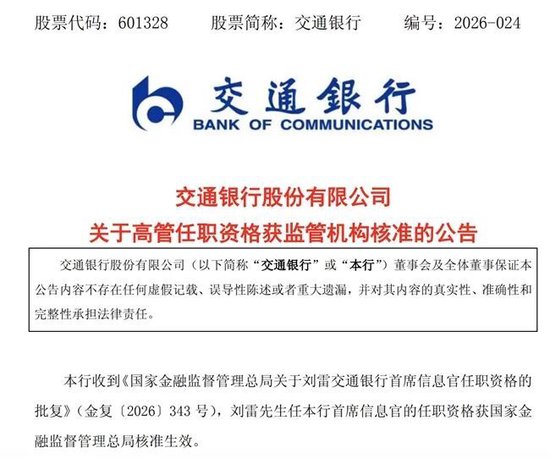 交行首席信息官获批上任，总行刚因重要信息系统应急管理不足等受罚