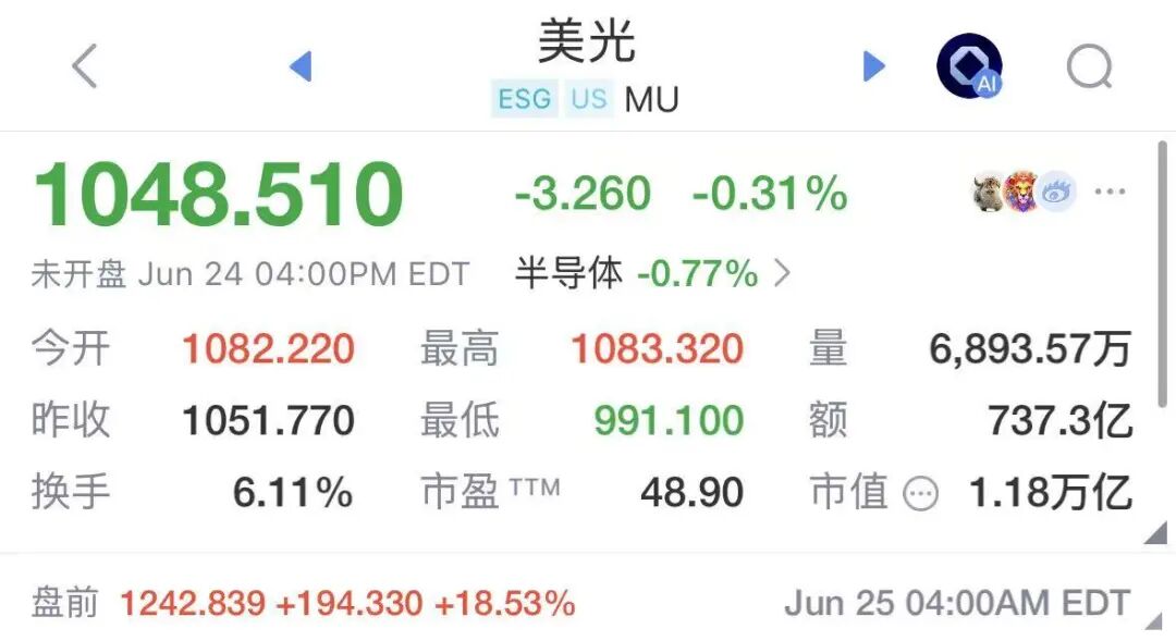 美股存储芯片盘前大涨，美光业绩炸裂狂飙超18%	，闪迪涨12%，希捷科技涨近9%