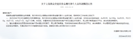 交通银行：将关闭上海黄金交易所贵金属代理个人业务功能