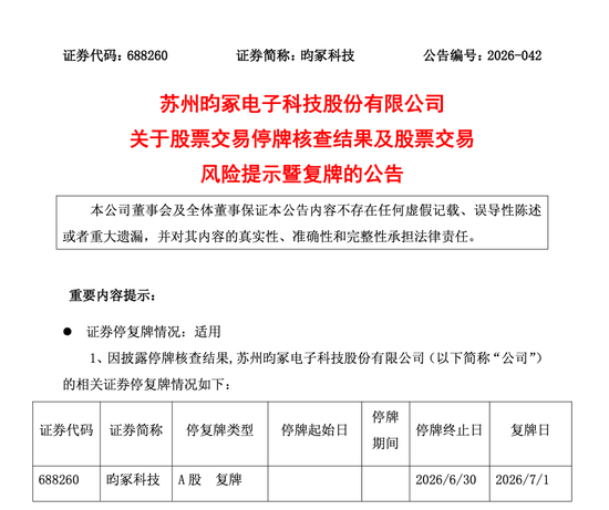 4倍牛股688260，停牌核查完成	，明日复牌