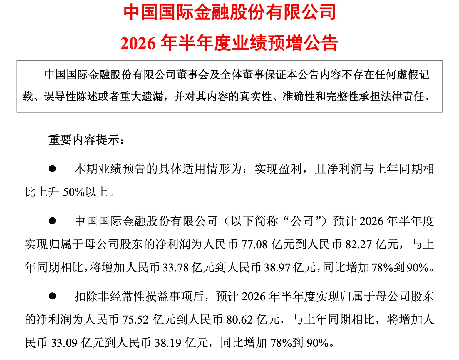 中金公司预告半年净利润不低于77亿	，同比增幅超78%
